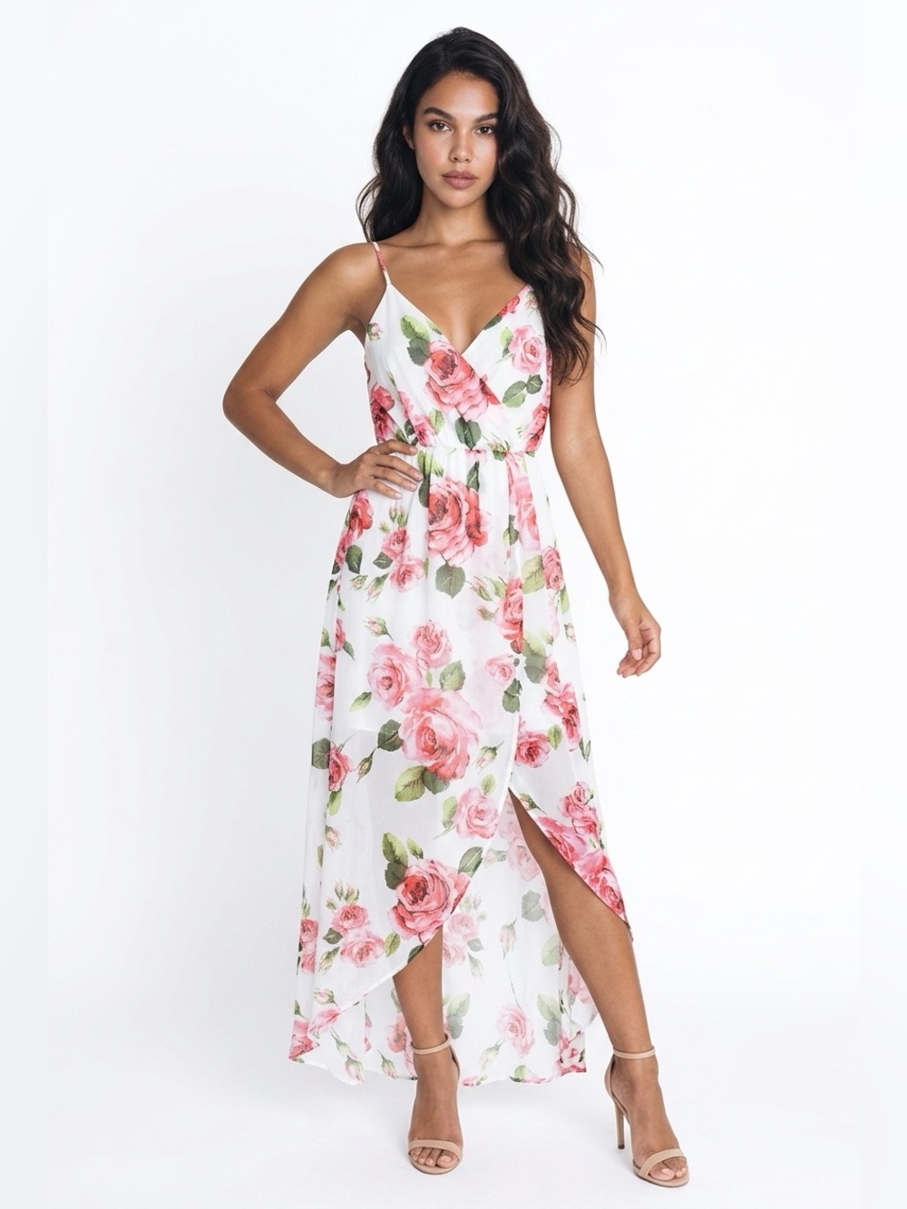 Lush White Maxi Dress with Pink Rose Print and Green Leaves size xs
